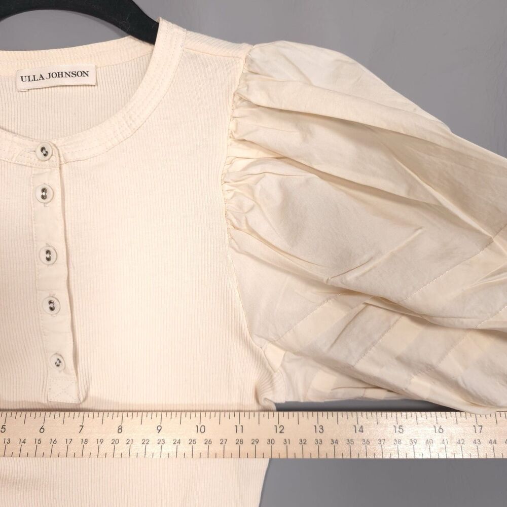 ULLA JOHNSON Iman Top Size P Cream Cotton Poplin Rib Knit Short‎ Puff Sleeves XS - Picture 6 of 16